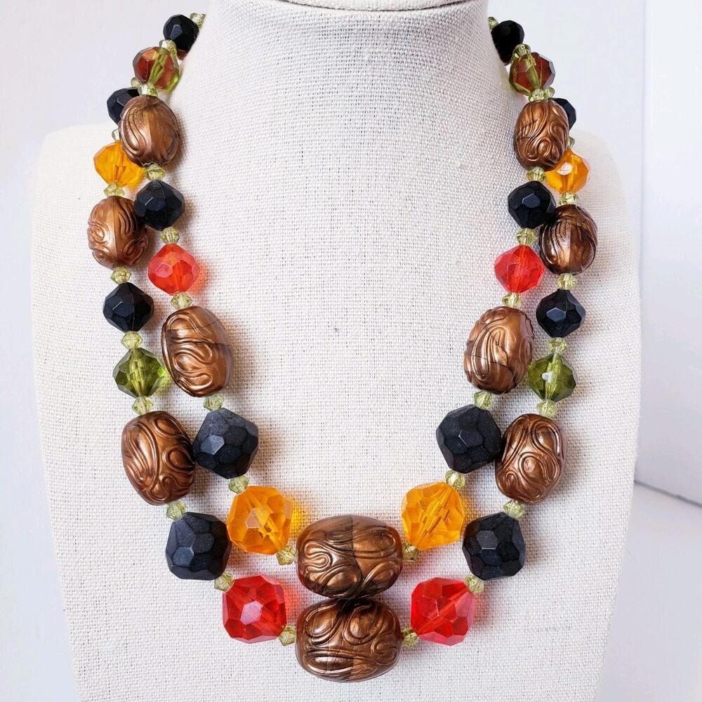 Vintage West Germany Double Strand Necklace Gold Tone Brown Black Red Orange 16"